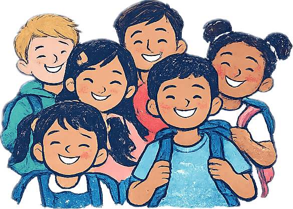 Ilustración de un grupo diverso de niños y adolescentes sonriendo juntos